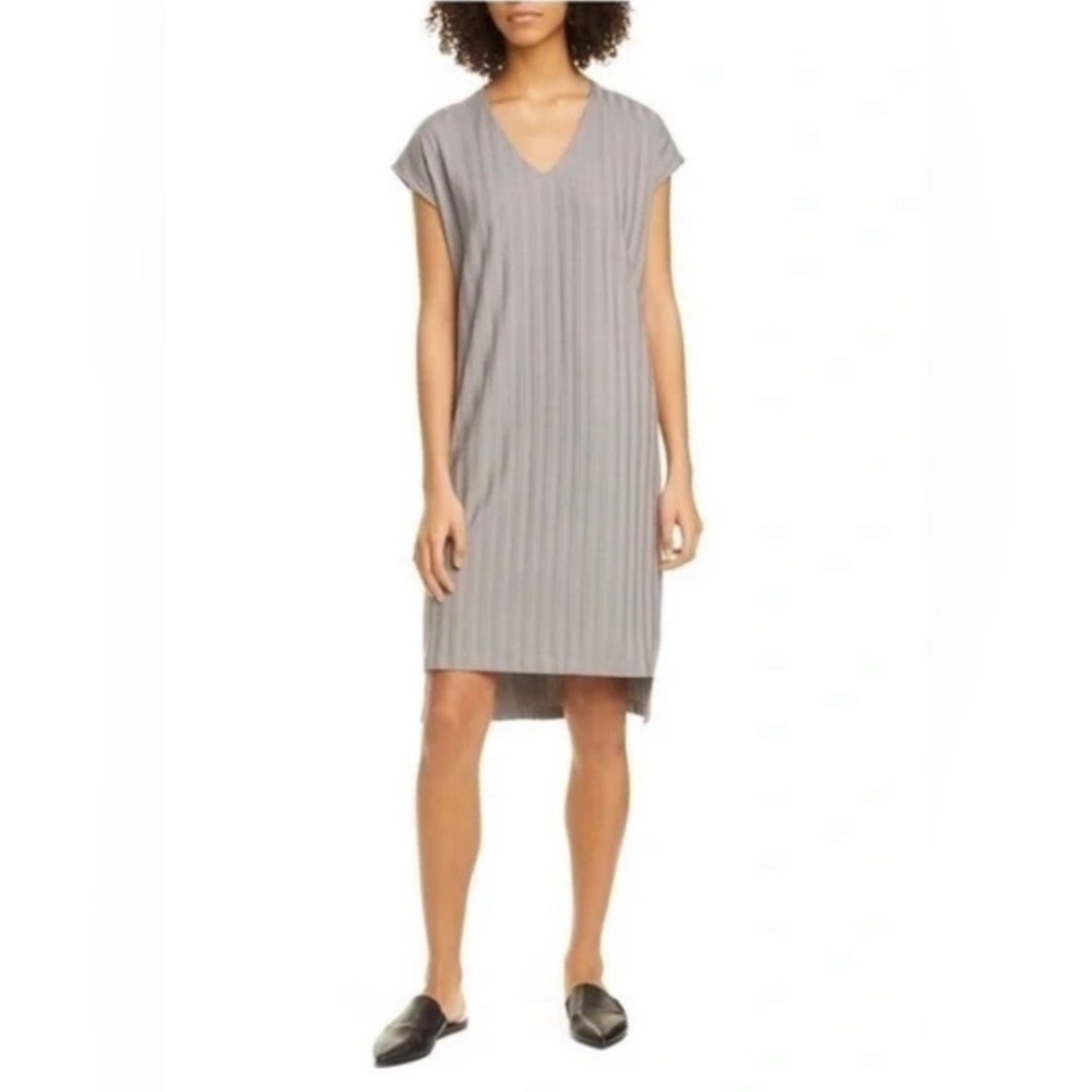Eileen Fisher Wide Rib Stretch V-Neck Dress Size Medium Grey Boxy‎ Knee Length